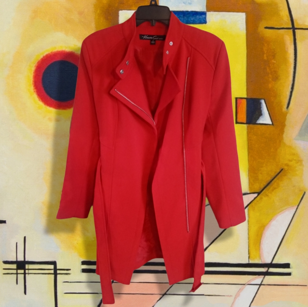 Vintage Kenneth Cole New York Red Jacket Zip Mid Length Asymmetrical Belt Coat M